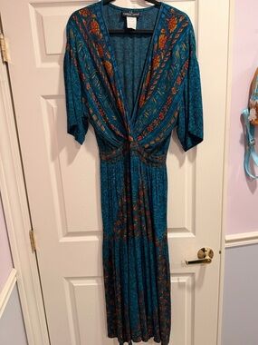 Vintage Carole Little Teal Floral Smocked Tie Waist Midi Maxi Dress 12